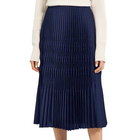New Theory Satin Broken Pleat Midi Skirt High Tide Navy 2, XS $345 - Picture 1 of 6